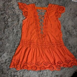 Orange Lace-Up Eyelet Dress
